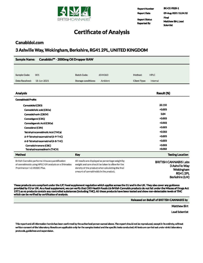 CBD by British Cannabis 2000mg CBD Raw Cannabis Oil - 10ml - Natural Euphoria