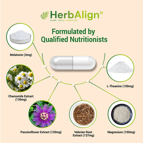 Herbalign Sleep Support Capsules – Natural Sleep Aid with Valerian Root, Chamomile, Melatonin & Magnesium for Restful Sleep