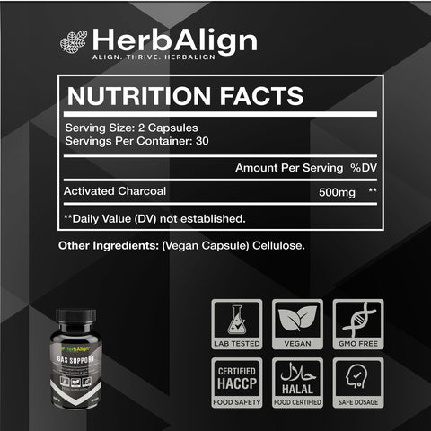 Herbalign Gas Support Capsules – 1000mg Activated Charcoal for Bloating, Digestive Relief & Gut Health