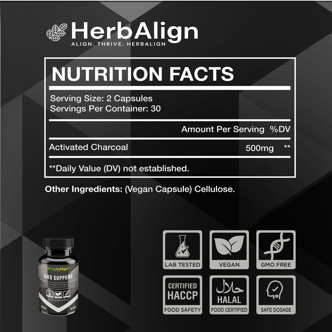 Herbalign Gas Support Capsules – 1000mg Activated Charcoal for Bloating, Digestive Relief & Gut Health